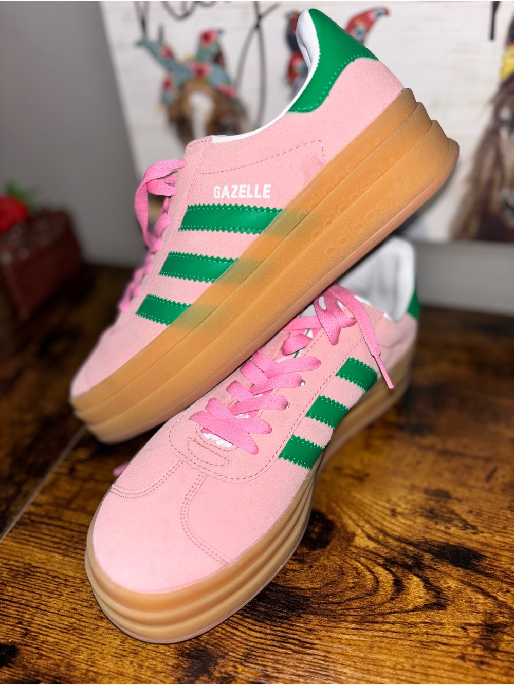 Adidas GAZELLE BOLD SHOES True Pink, Green, Cloud White Men 8 Women’s 9 like new
